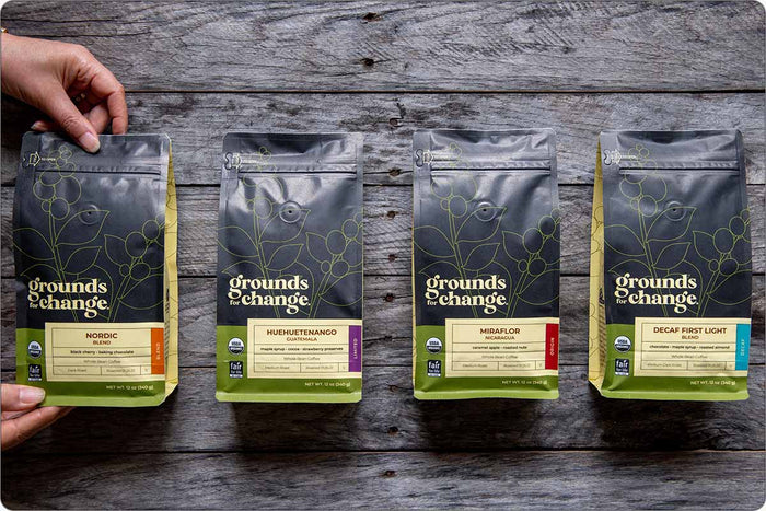 4-pack coffee sampler of fair trade organic Grounds for Change coffee which makes a great coffee gift any time of the year!